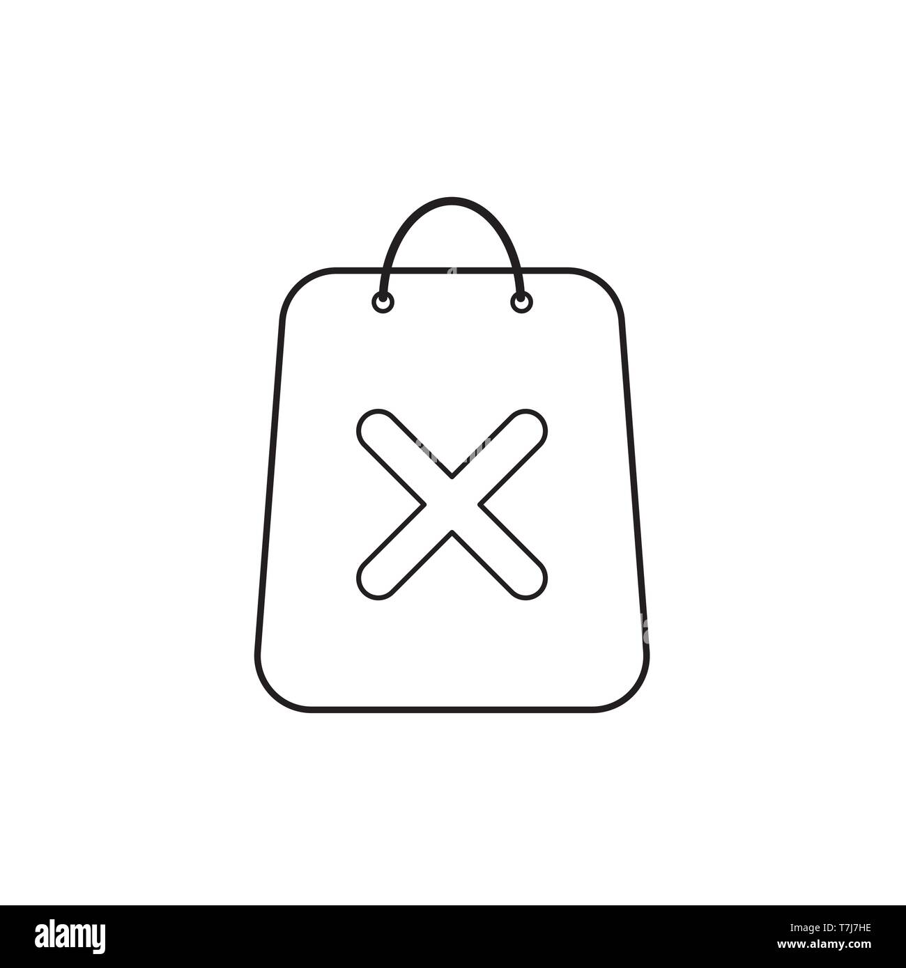 Vektor icon Konzept der Einkaufstasche mit x Markieren. Schwarzen umrissen. Stock Vektor