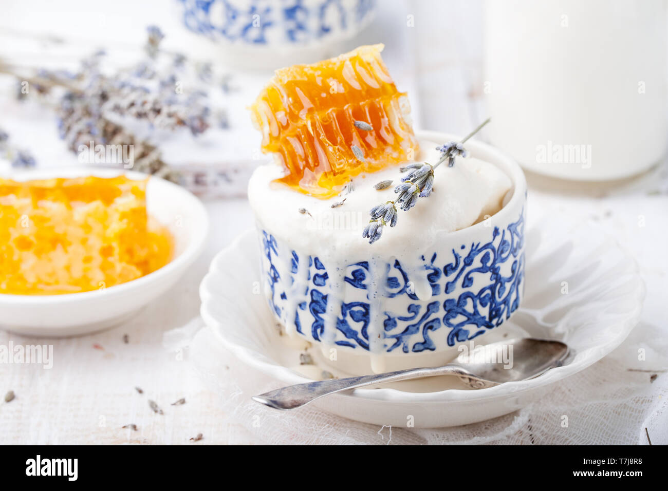 Eis mit Honig und Lavendel in Schalen. Weißer Hintergrund. Stockfoto
