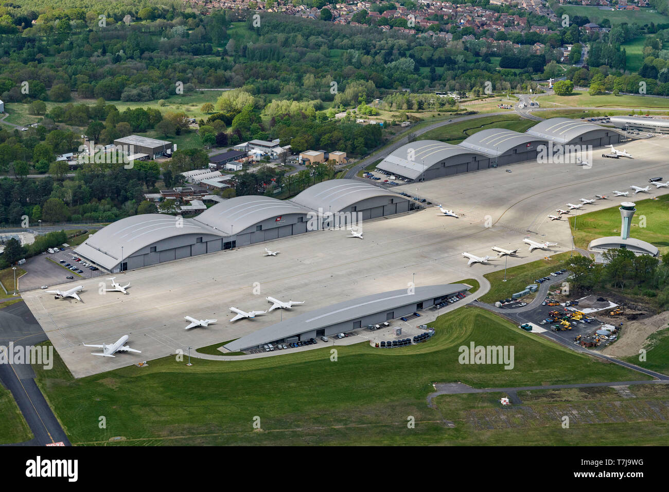 Ein Luftbild von Farnborough Airport, South East England, Großbritannien Stockfoto