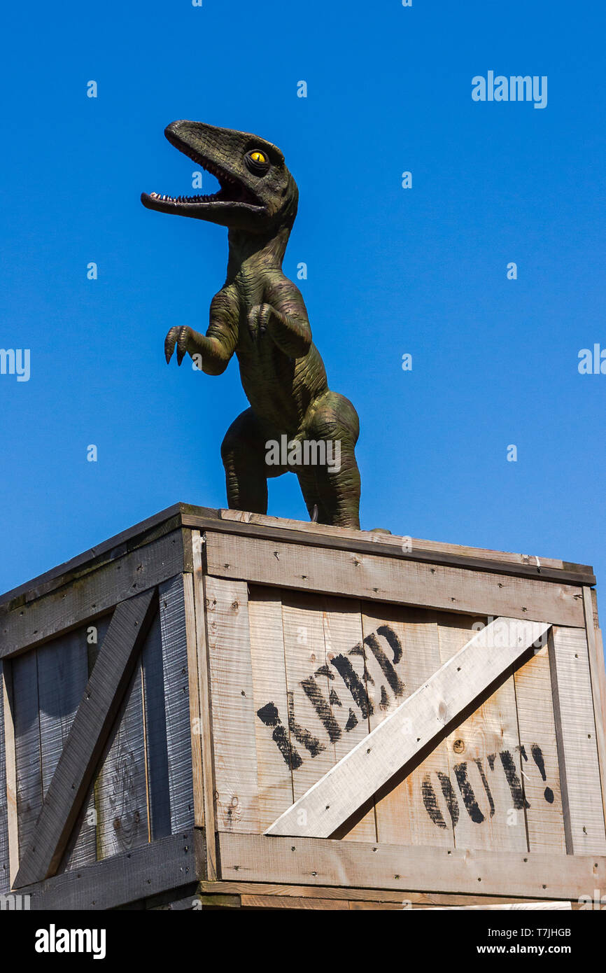 Dinosaurier angreifenden Campingplatz. Stockfoto