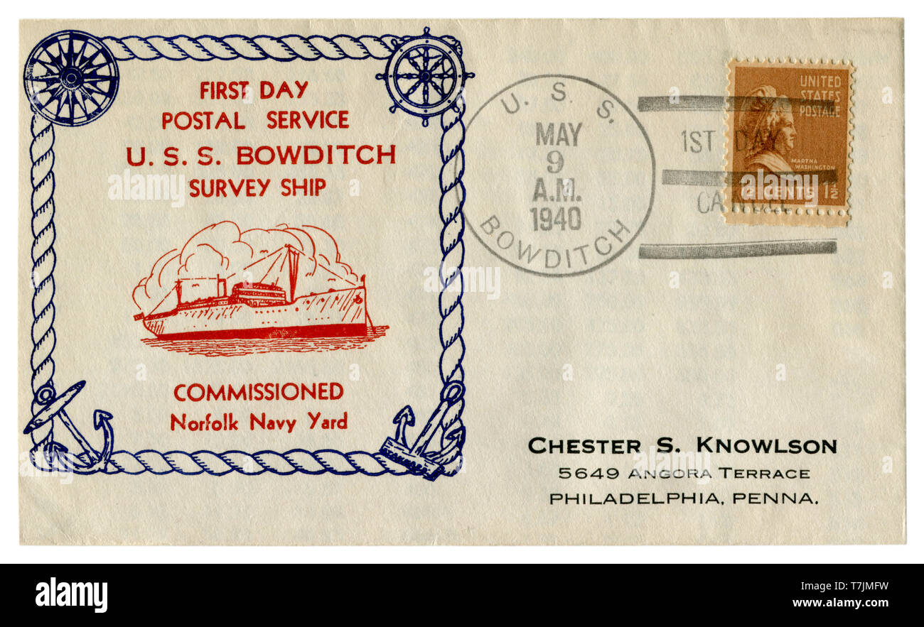 U.S.S. Bowditch, USA, 9. Mai 1940: Uns historische Umschlag: Abdeckung mit Gütesiegel ersten Tag Post Umfrage Schiff beauftragt, Norfolk Navy Yard Stockfoto