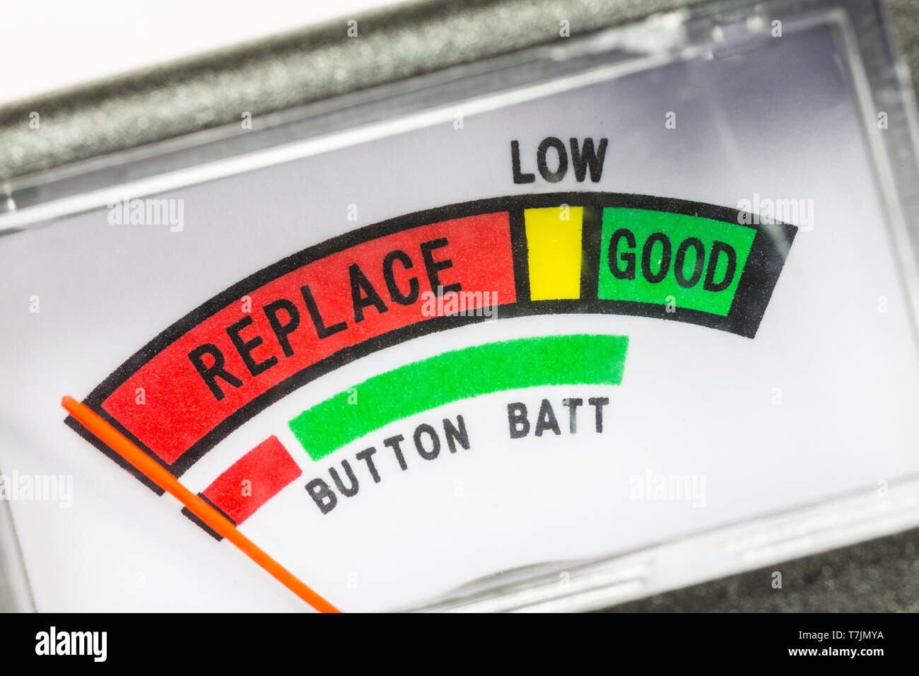 Batterie Tester Makro Nahaufnahme Detail der Nadel nach zu ersetzen. Stockfoto