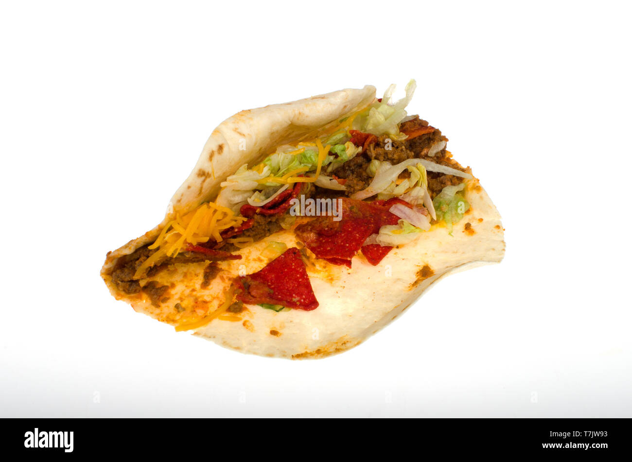 Taco Bell weich würzig geladen Nacho Taco auf weißem Hintergrund Stockfoto