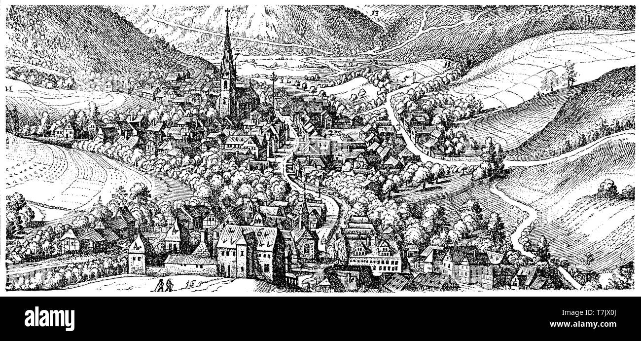 17. jahrhundert Gravur der Stadt Langenschwalbach oder Bad Schwalbach in Deutschland seit dem Mittelalter berühmt für seine heilenden Frühjahr Mineralwasser Stockfoto