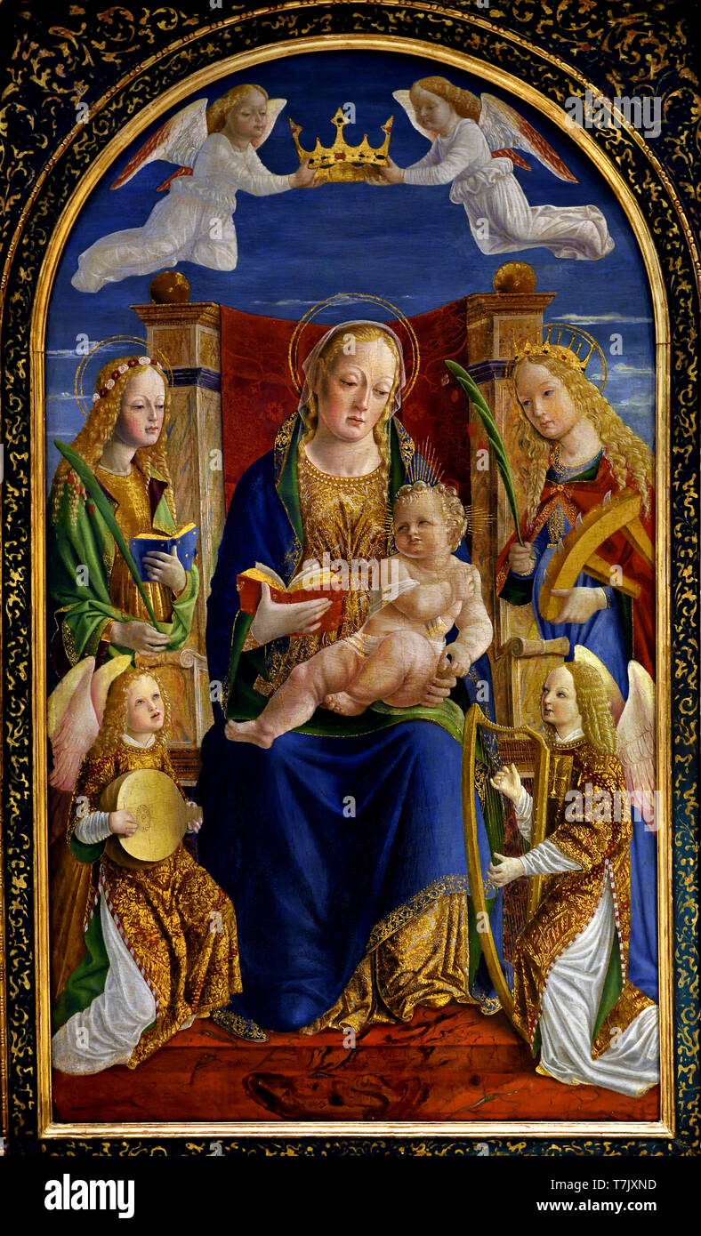 Jungfrau mit Kind, mit St. Dorothee, St. Katharina und zwei Engel Musiker 1500 anonyme Lombardei, Italienisch, Italien, Stockfoto