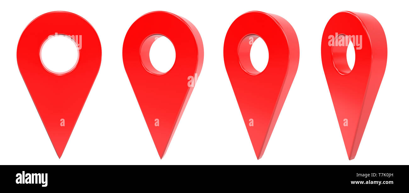 3D-Illustration: Satz von vier roten Karte gps-Zeiger Symbol auf weißem Hintergrund. Stockfoto