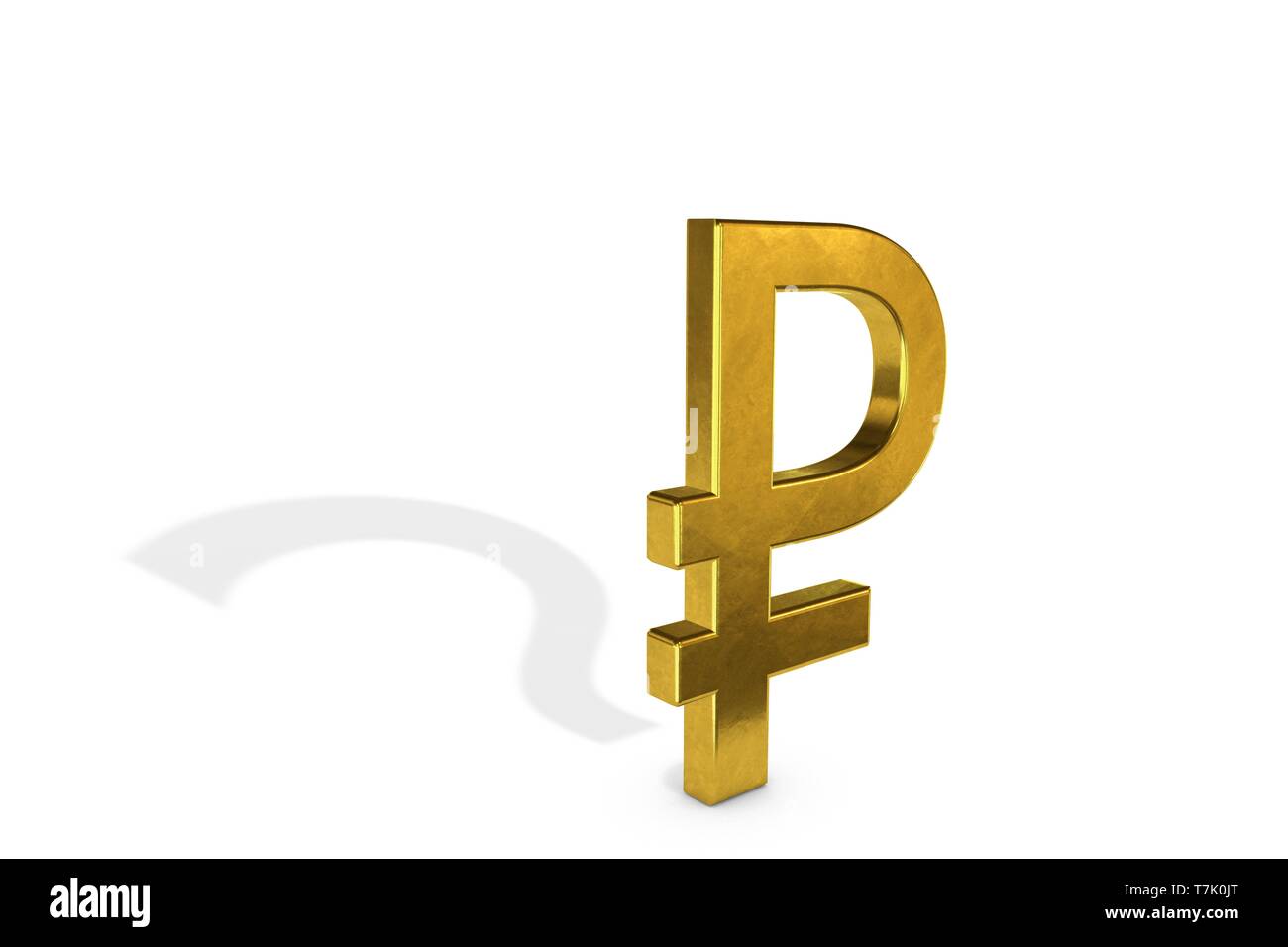 3D-Illustration: Gold Symbol des russischen Rubels mit Schatten in der Form eines Fragezeichens auf weißem Hintergrund. Finanzkonzept Stockfoto