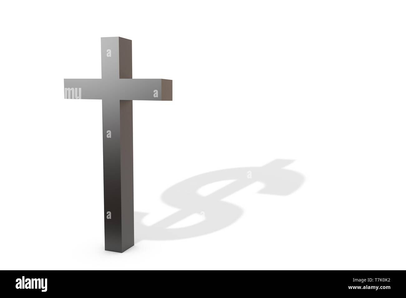 3d-Abbildung: Schwarz christliche Kreuz mit einem Schatten in der Form eines Dollarzeichen. Das Konzept der Beziehungen zwischen Kirche und pfarrkind Stockfoto