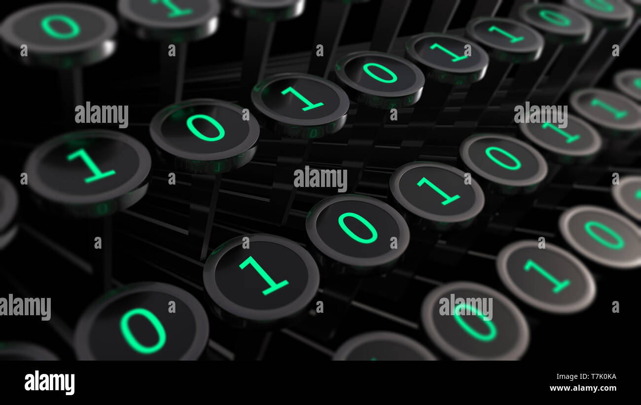 3D-Illustration: vintage Schreibmaschine mit Zahlen Eins und Null anstelle von Buchstaben auf den Tasten. Maschinencode. Binäre Sprache programmieren. Techno Kunst Stockfoto