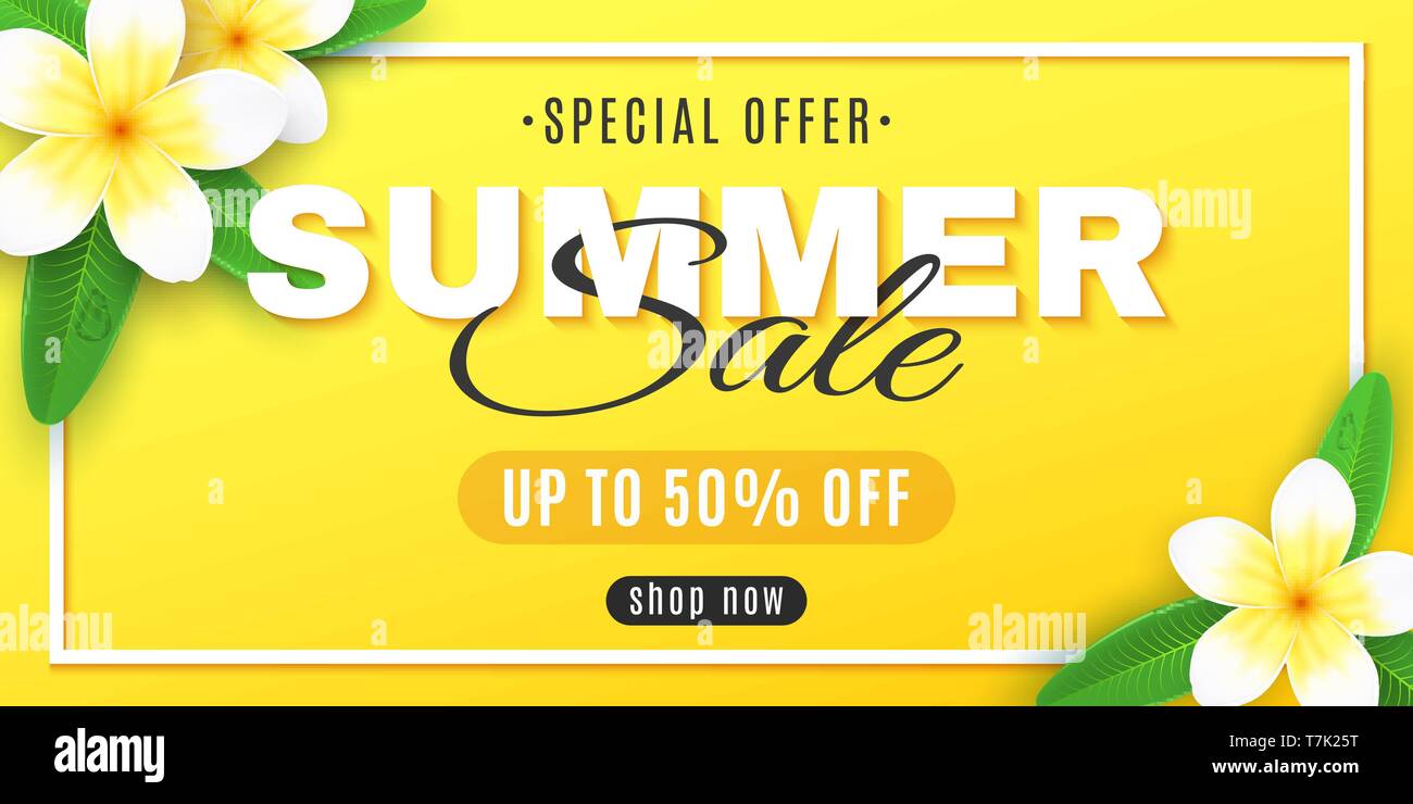 Summer Sale. Abdeckung für das Web. Plumeria Blüten auf gelbem Hintergrund im Rahmen. Angebot. Kreative Einrichtung Text. Realistische tropischen Blumen. Sommer c Stock Vektor