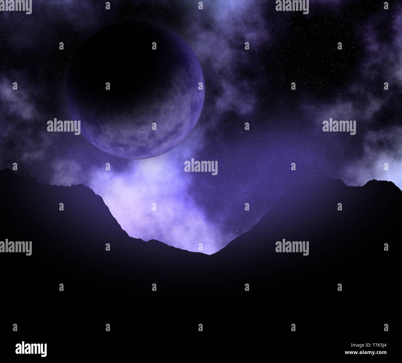 3D-abstrakten Raum Szene mit der fiktiven Planeten gegen eine Galaxie sky Stockfoto