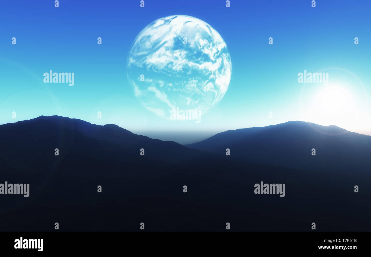 3D-Render von einem Science-fiction-Hintergrund mit dem Planeten Erde über Berglandschaft Stockfoto