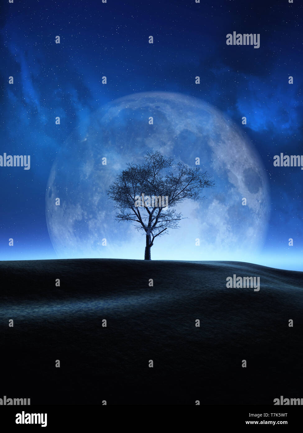 3D-Render von einem Baum gegen einen Mond Nachthimmel Stockfoto