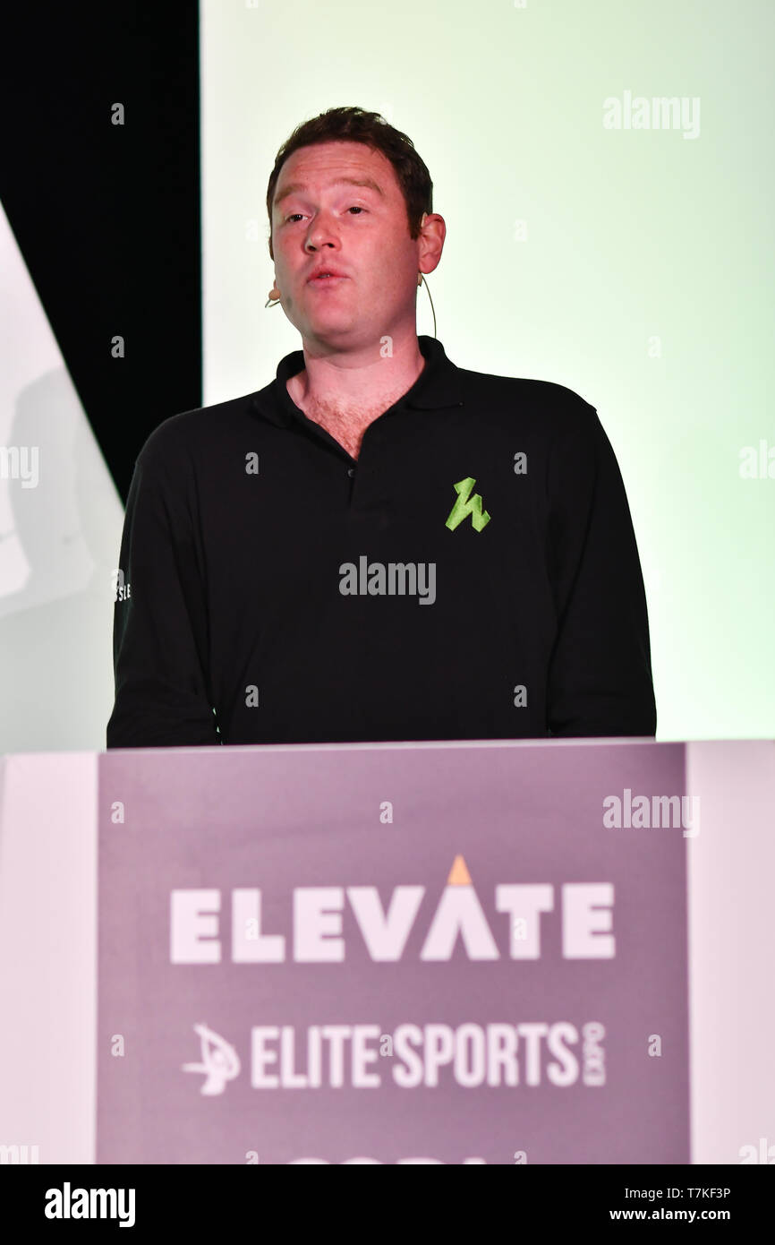 Excel London, UK. 8. Mai 2019. Lautsprecher Lawrence King, Leiter der kommerziellen Partnerschaften, Hektik an Elevate 2019 Am 8. Mai 2019, bei Excel London, UK. Bild Capital/Alamy leben Nachrichten Stockfoto