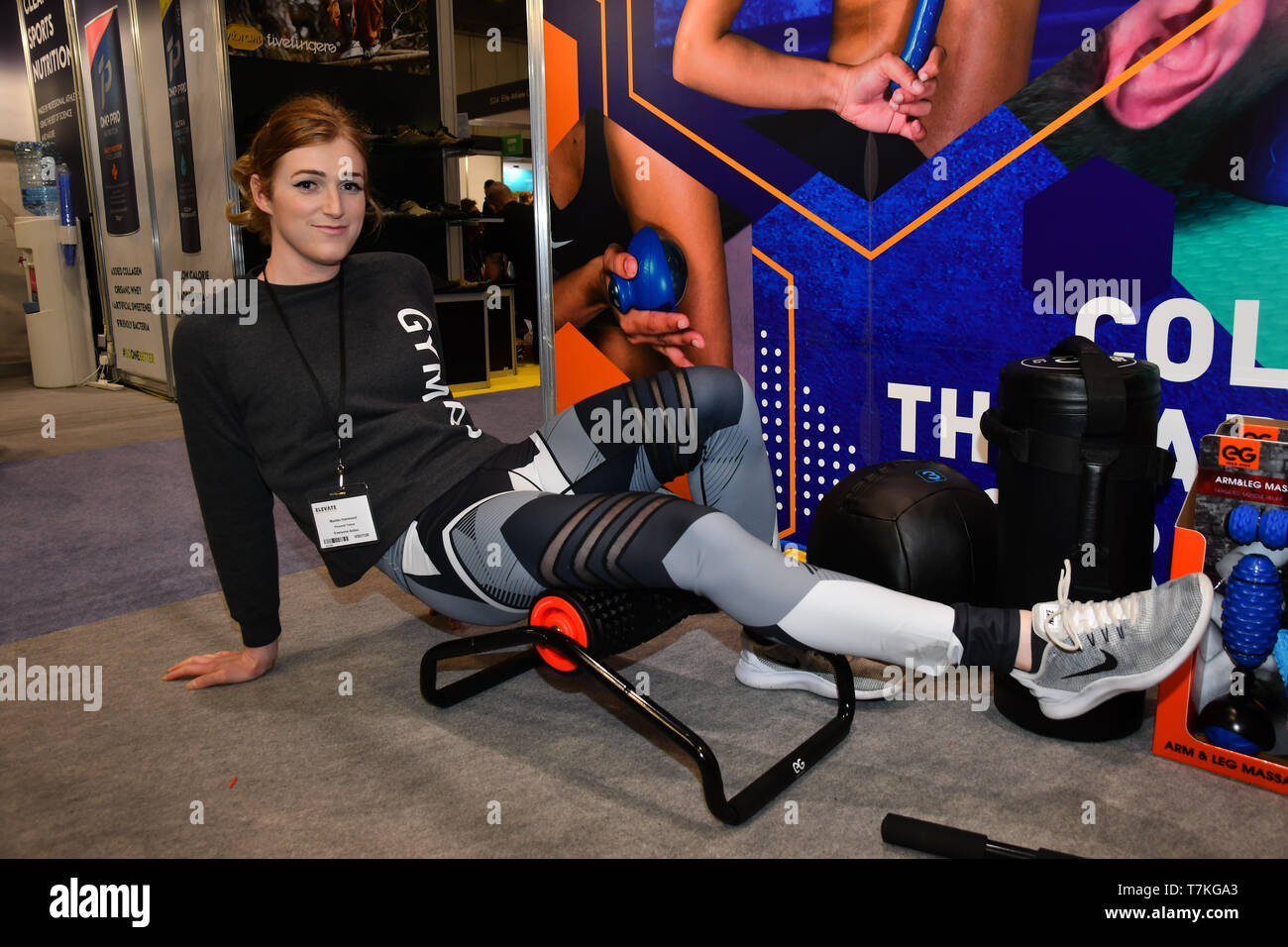 London, Großbritannien. 8. Mai, 2019. Sion International Co., Ltd., China Lieferant von Fitness Zubehör, elliptisches Fahrrad, Seil springen, Kurzhantelstange, Hula Hoop, schieben Sie es nach oben, Bar, Yoga, Wassersport Zubehör Ausstellung bei Elevate 2019 Am 8. Mai 2019, bei Excel London, UK. Bild Capital/Alamy leben Nachrichten Stockfoto