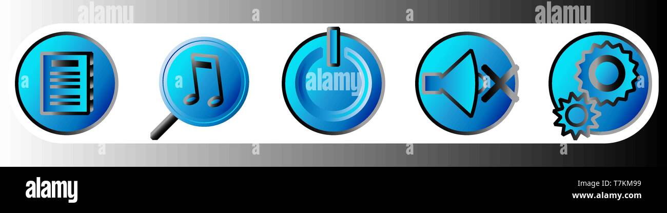 Musik und Gradient Symbole in blauen Farbtönen spielen. Set 2. Vector Illustration EPS 10. Stock Vektor