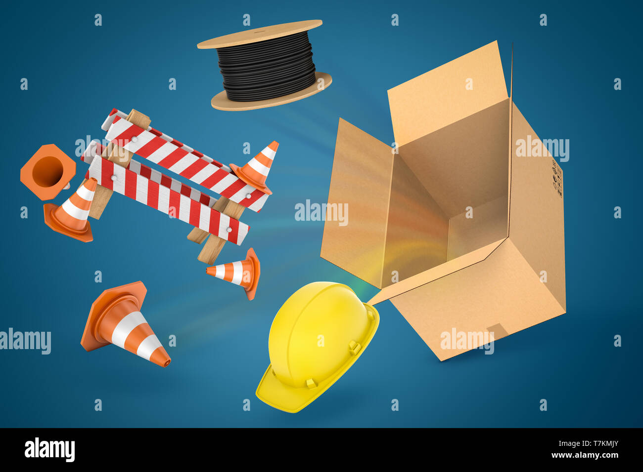 3D-Rendering von Macht, Kabelbündel, gelben Schutzhelm, Bau Barriere und orange Kegel fliegen aus Karton auf blauem Hintergrund Stockfoto