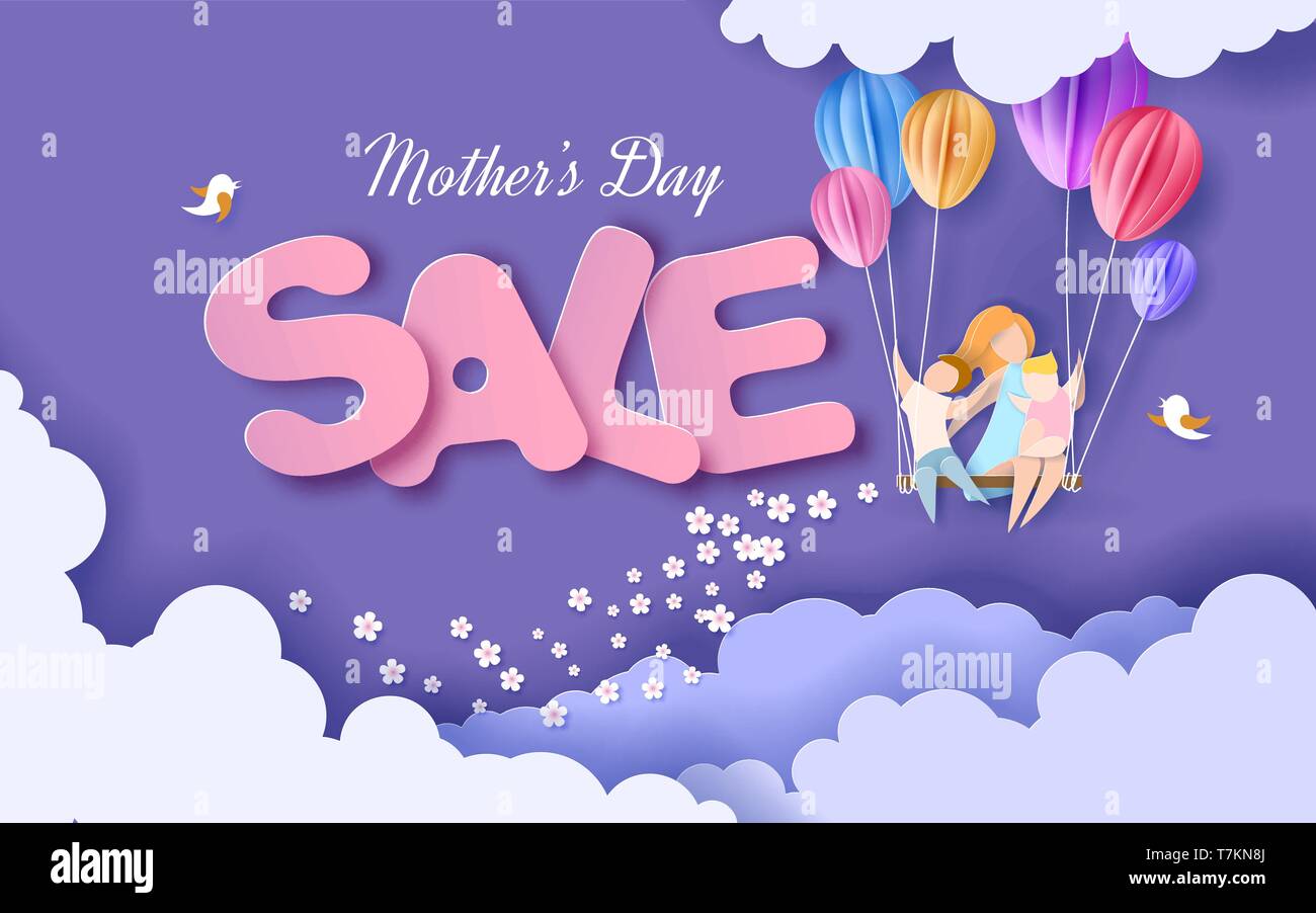 Schöne Frauen mit ihren Kindern. Glückliche Mütter Tag verkauf Karte. Papier schneiden Stil. Vector Illustration Stock Vektor