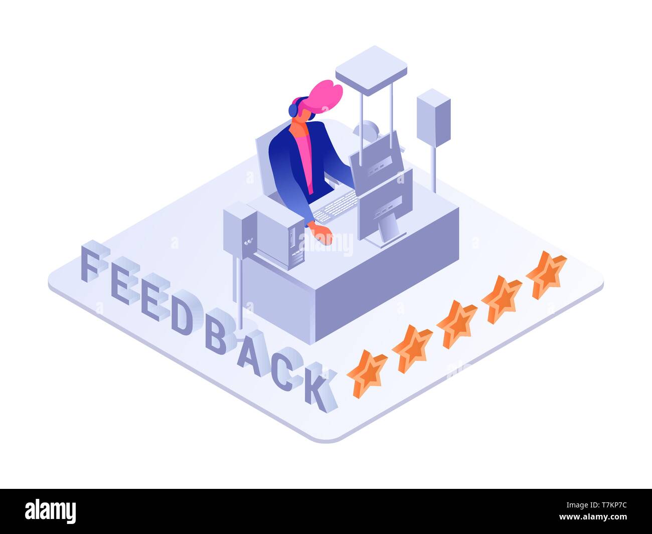 Mann sitzt in der Nähe von professionellen Computer Kopfhörer tragen. Feedback oder Bewertung Konzept. Auf weiß Isoliert Stock Vektor