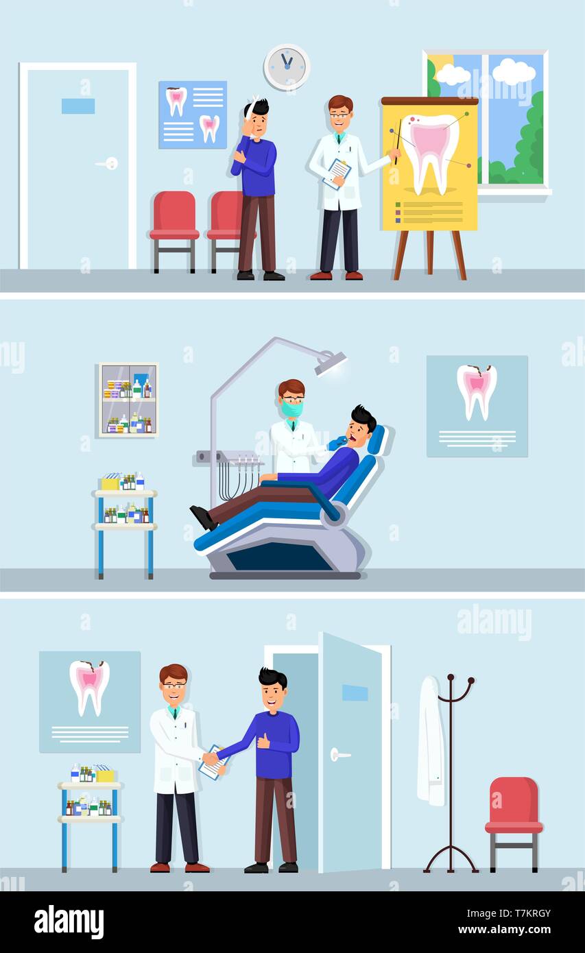 Satz von Patienten zahnmedizinische Klinik inetrior flachem Design. Dentalcare Konzept Vector Illustration Stock Vektor