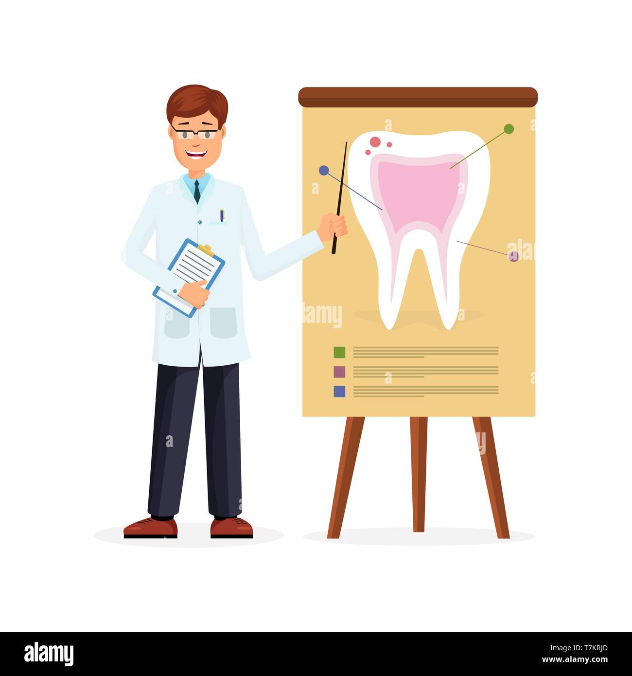 Arzt, der auf Bild der Zahn auf einem Plakat Vektor-illustration isoliert auf weißem Stock Vektor