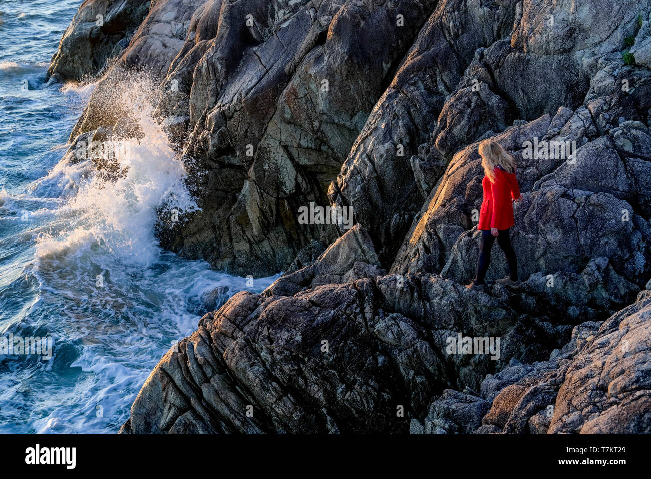 Blonde Frau auf Felsen und beobachtete, Wellen, Lighthouse Park, West Vancouver, British Columbia, Kanada Stockfoto