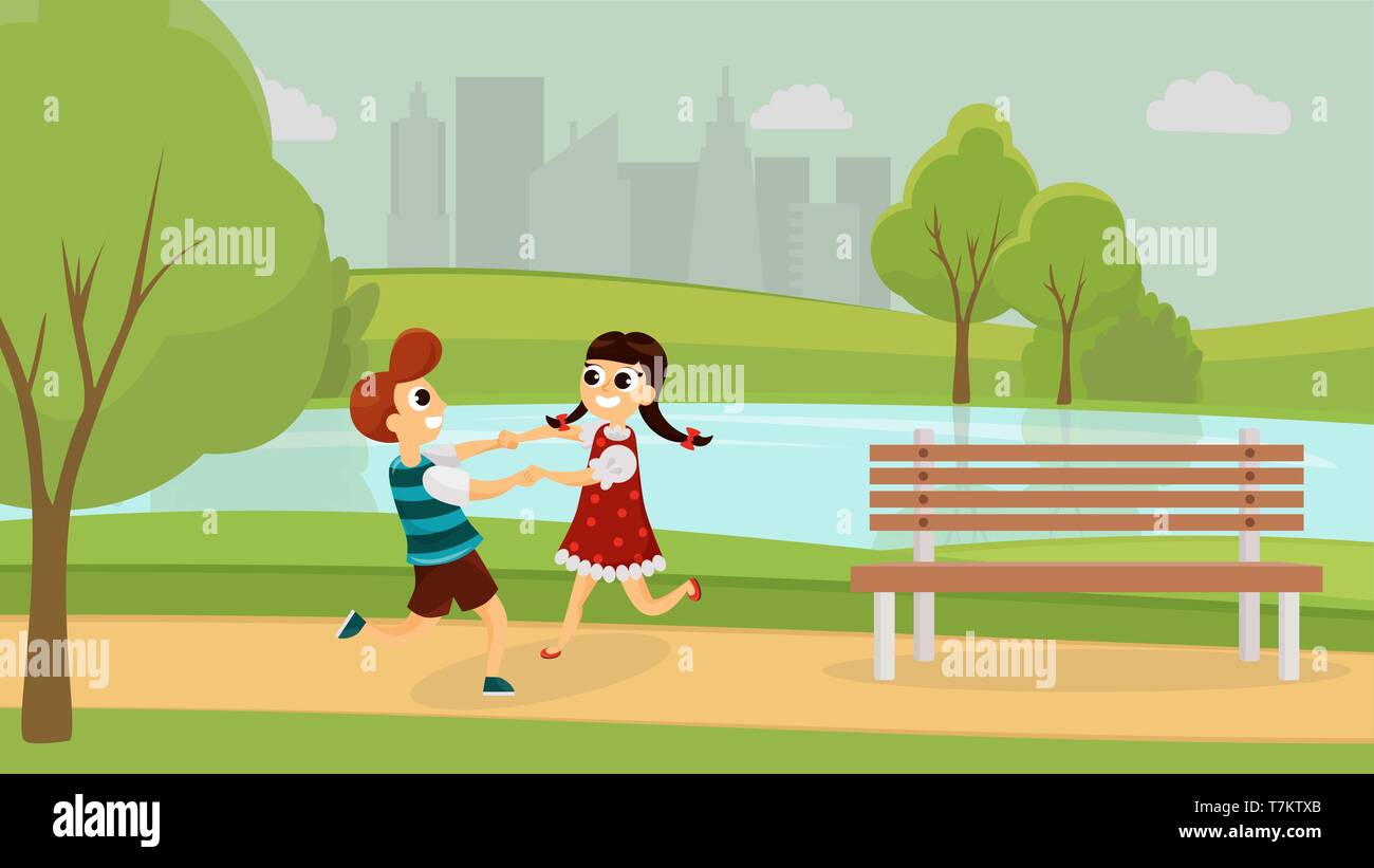 Junge und ein Mädchen spielen im Park. Kinder zusammen spielen Flat Style Vector Illustration Stock Vektor