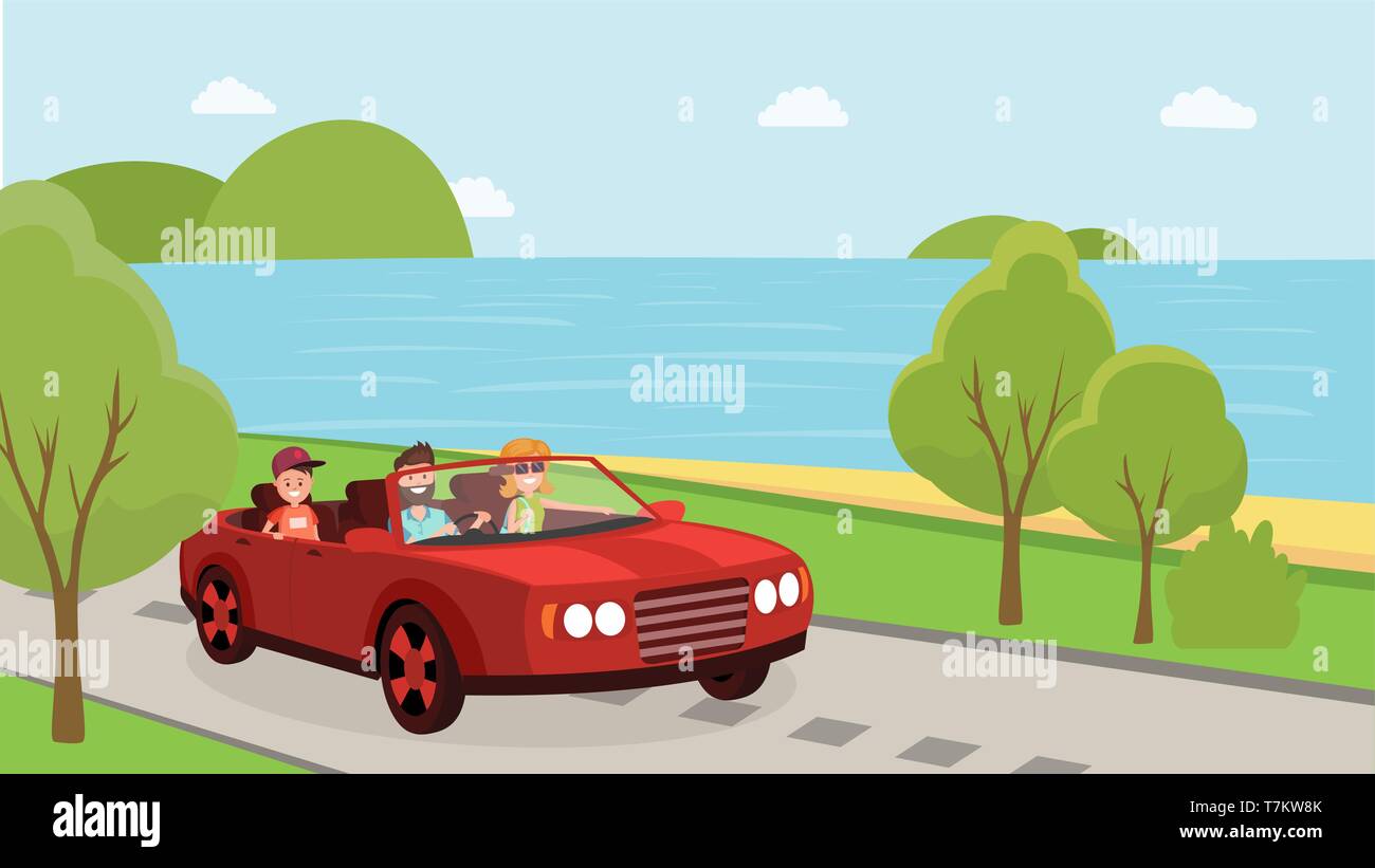 Glückliche Eltern mit Kind genießen reisen in der Nähe von Ocean. Reise oder Reise-Konzept. Familie Fahrten mit dem Auto auf Urlaub Flat Style Vector Illustration Stock Vektor