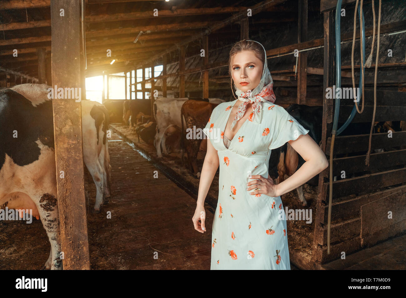 Mode Frau in der Scheune auf dem Bauernhof Stockfoto