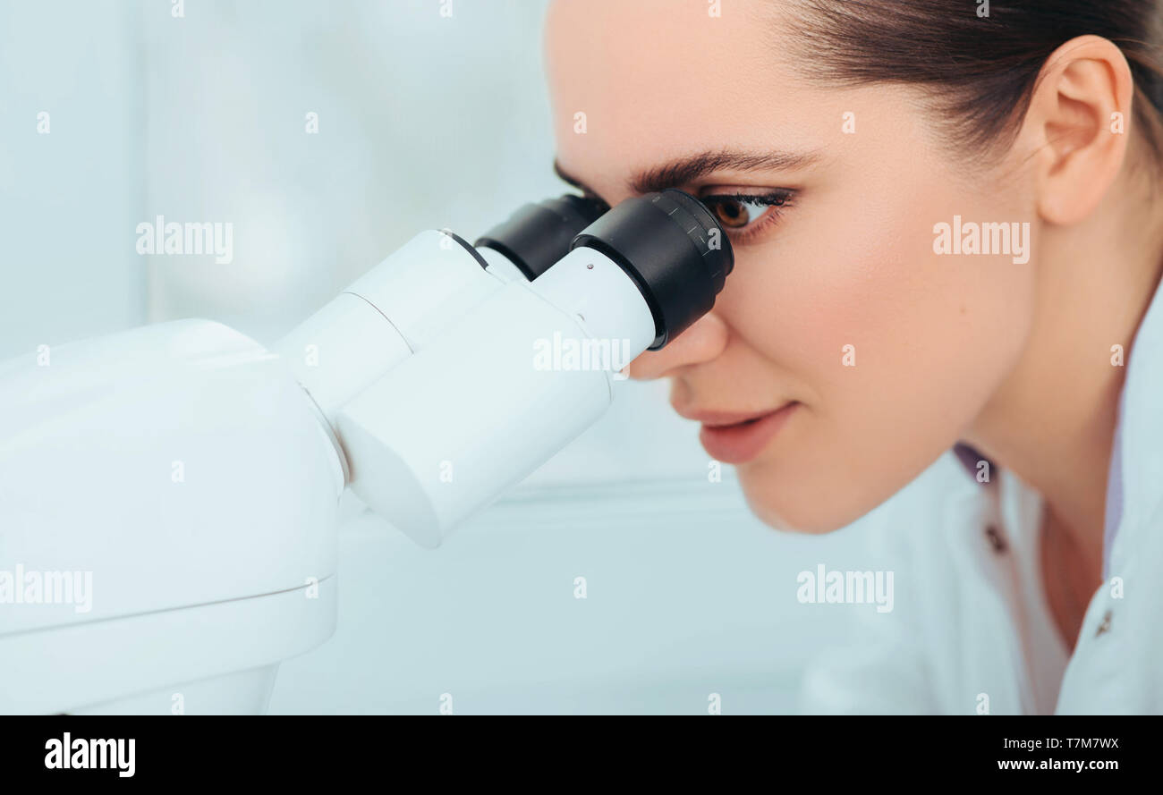 Wissenschaftler mit Mikroskop im Labor, close-up. Labor Techniker während der Arbeit Stockfoto