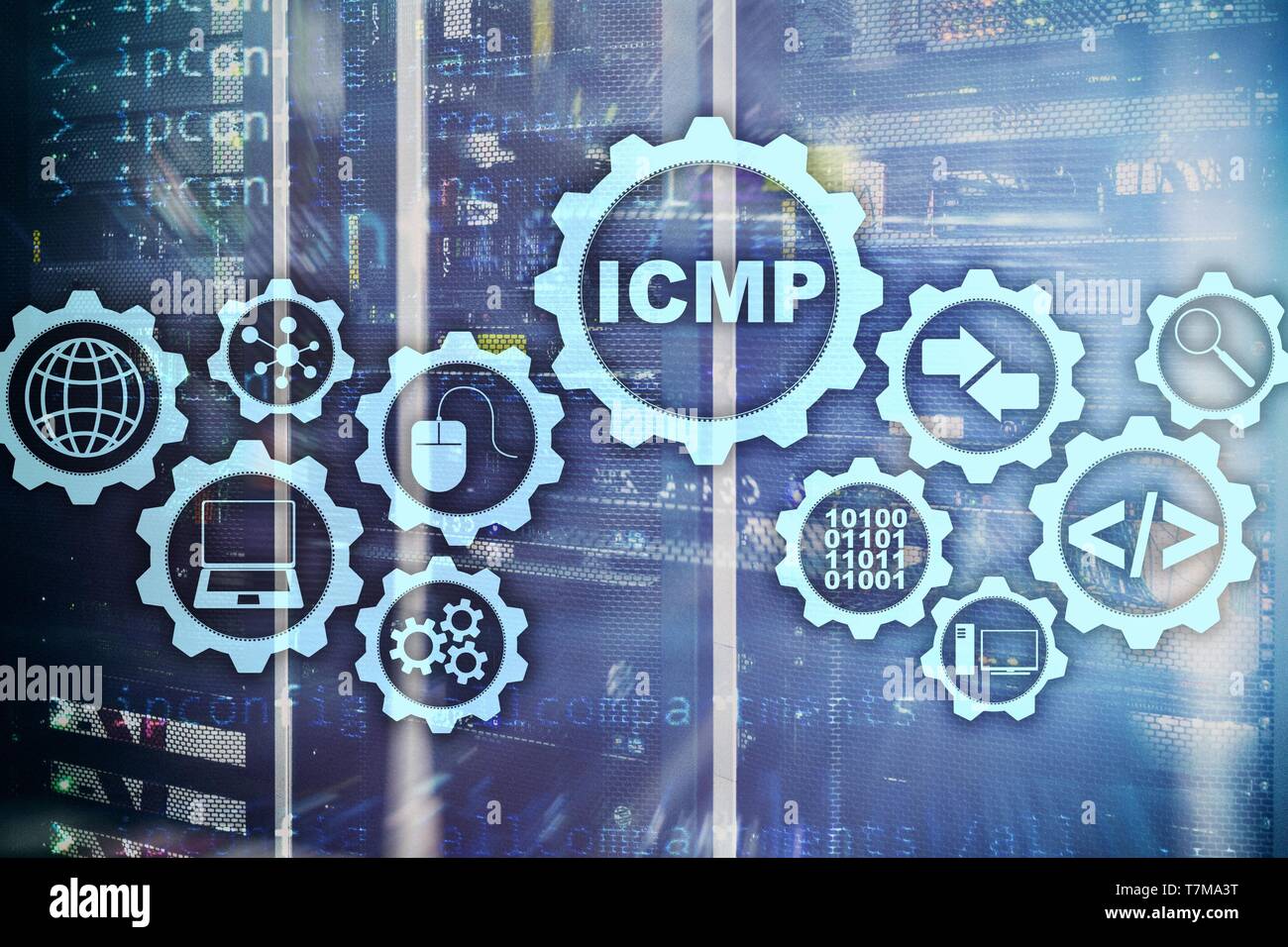ICMP. Internet Control Message Protocol. Netzwerk Konzept. Serverraum im Hintergrund. Stockfoto