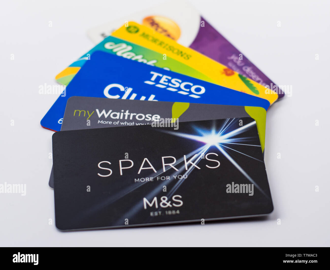 Loyalty Card UK M&S Sparks, Tesco Clubcard, Nectar, Morrisons more, My waitrose Stockfoto