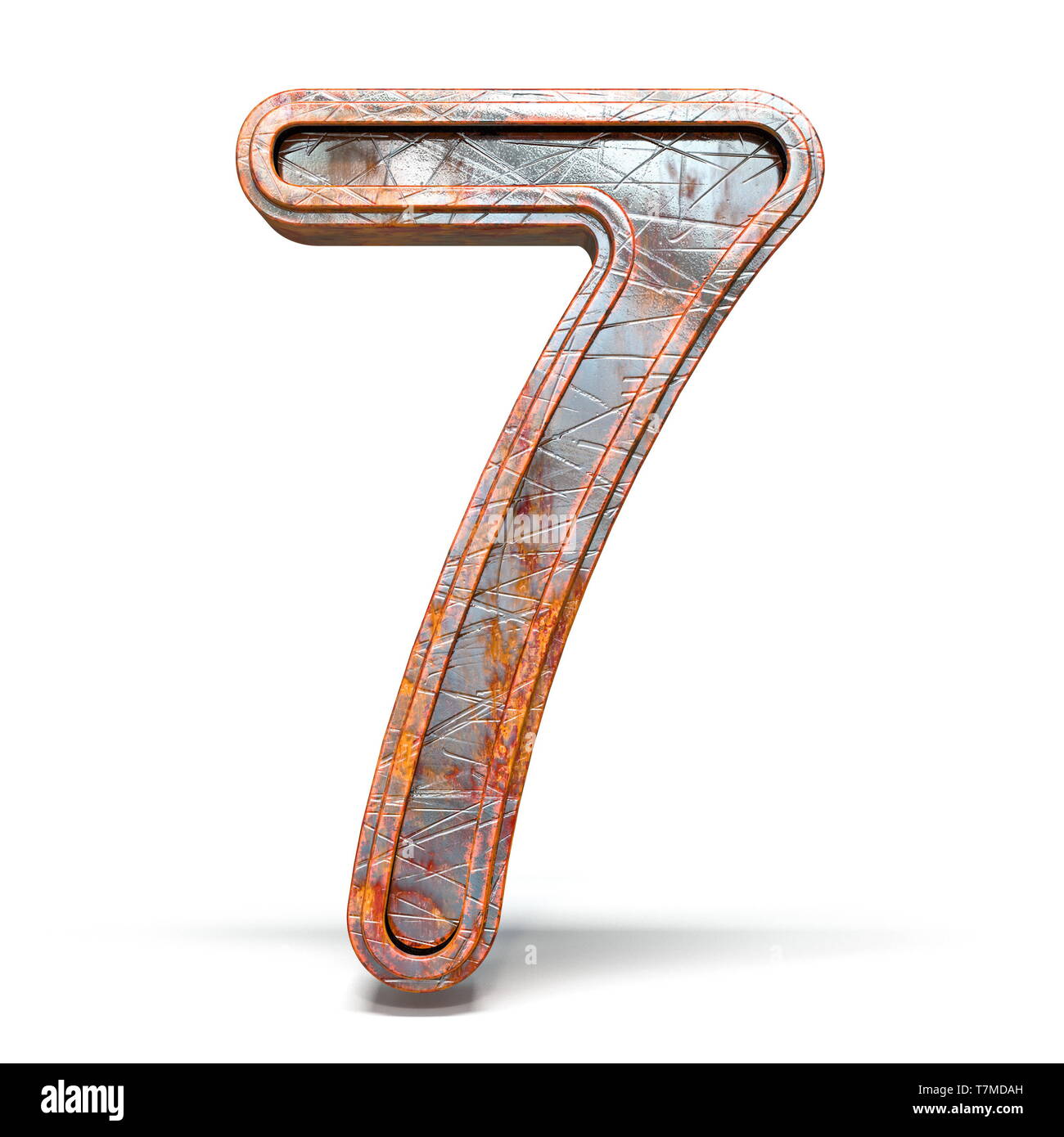 Rostiges Metall font Nr. 7 7 3D-Render Abbildung auf weißem Hintergrund Stockfoto