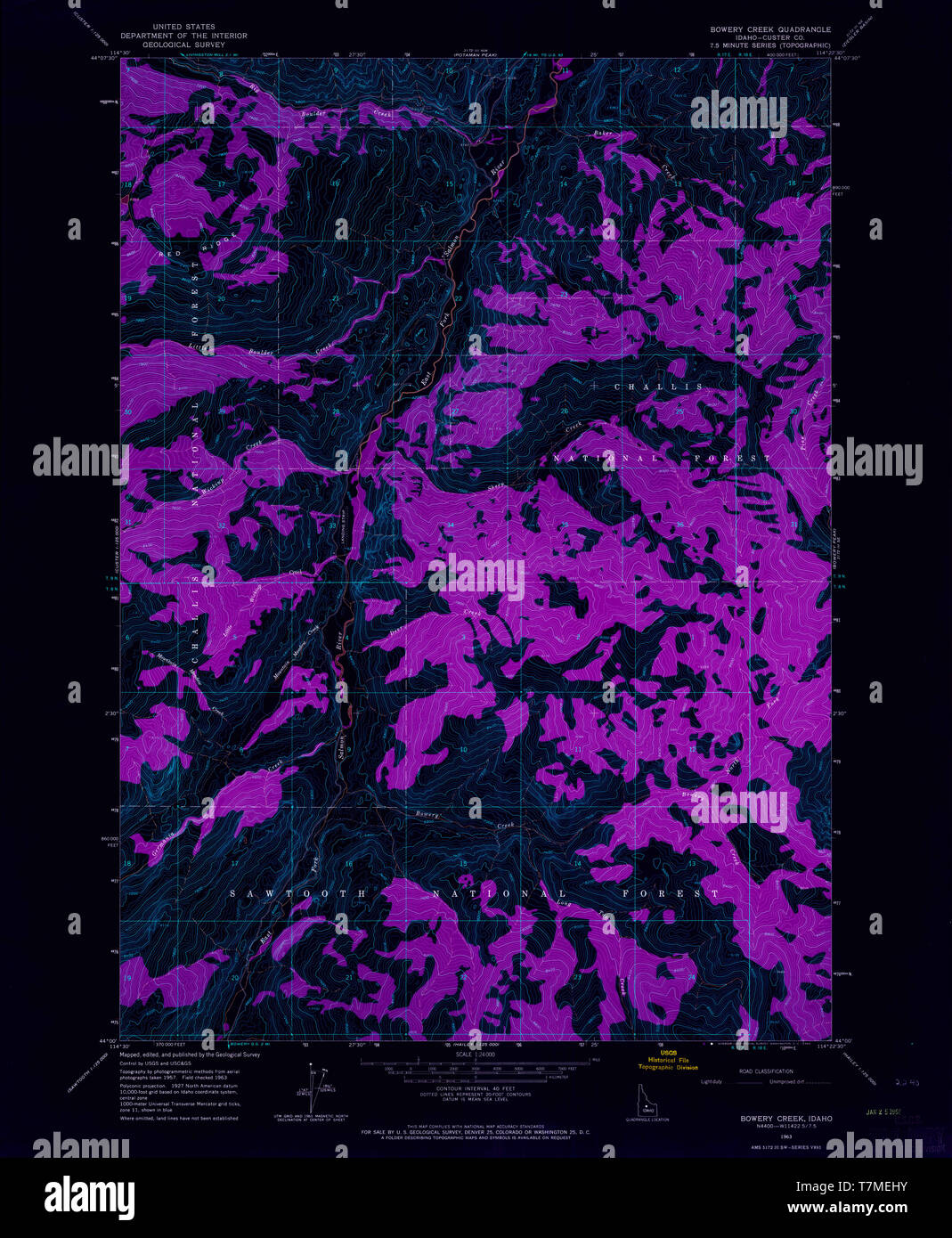 USGS TOPO Karte Idaho ID Bowery Creek 235431 1963 24000 invertiert Wiederherstellung Stockfoto
