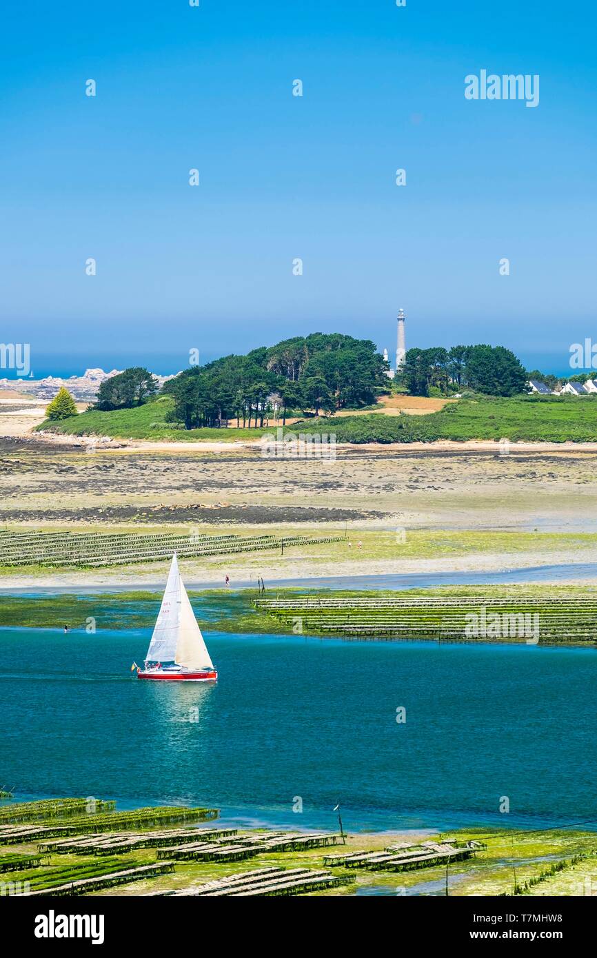 Frankreich, Finistère (29), Pays des Abers, Côte des Legendes, l'Aber Wrac'h und Ile Vierge Leuchtturm, der höchste in Europa Stockfoto