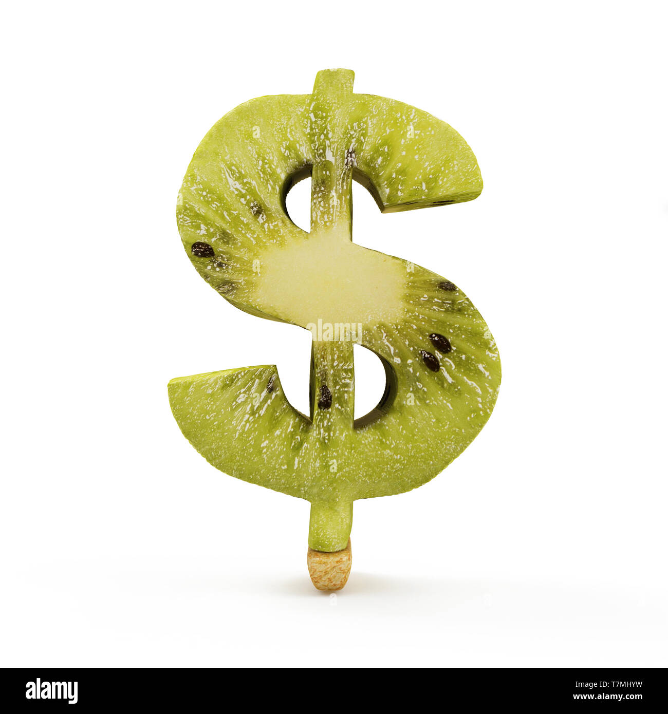 Dollarzeichen aus Kiwi auf weißem Hintergrund Stockfoto