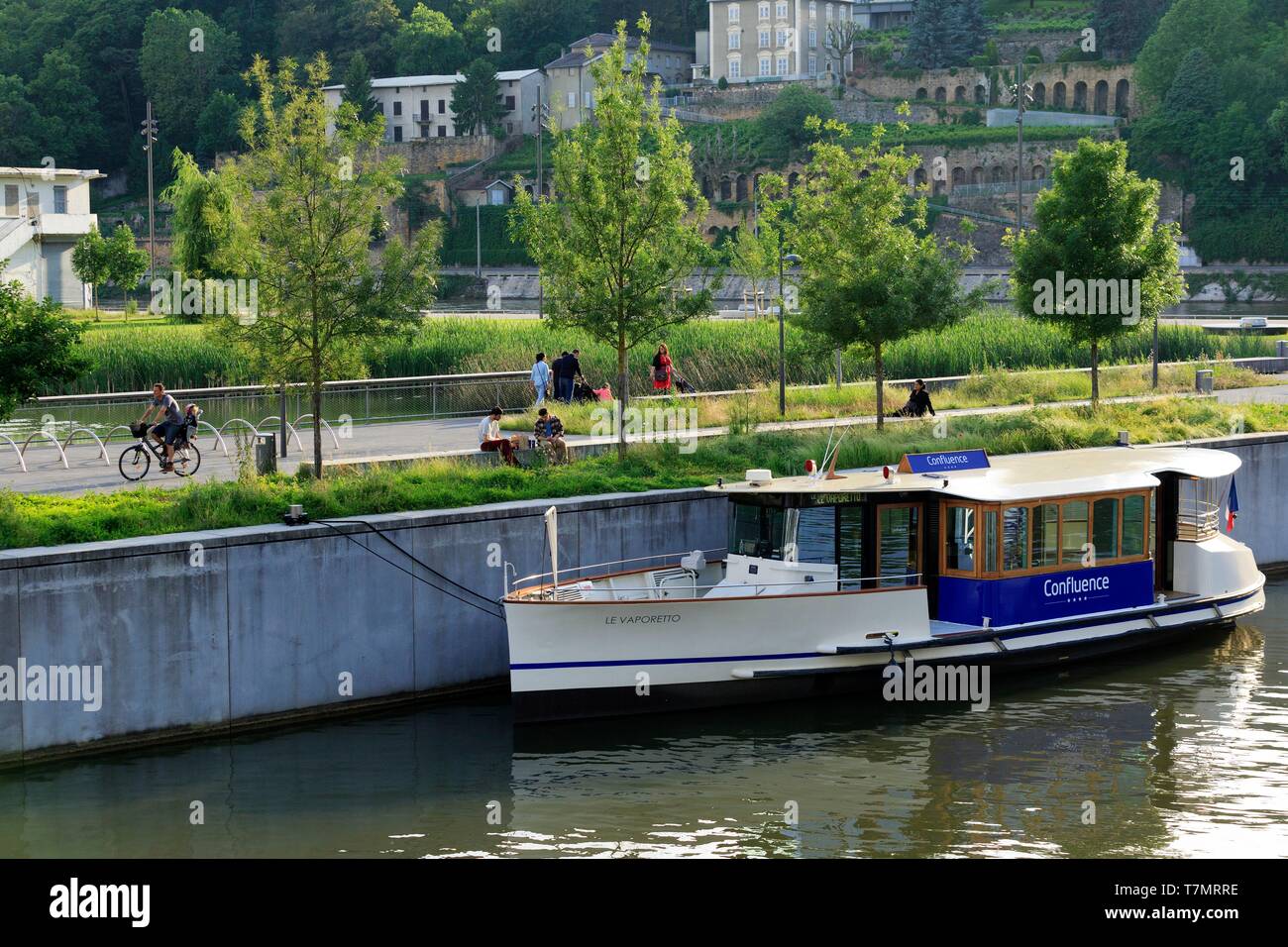 Frankreich, Rhône, Lyon, 2. Bezirk, La Confluence, La Saône, Jean Couty Wasser Garten, Rambaud Quay, der Botanische Garten in La Mulatière im Hintergrund Stockfoto