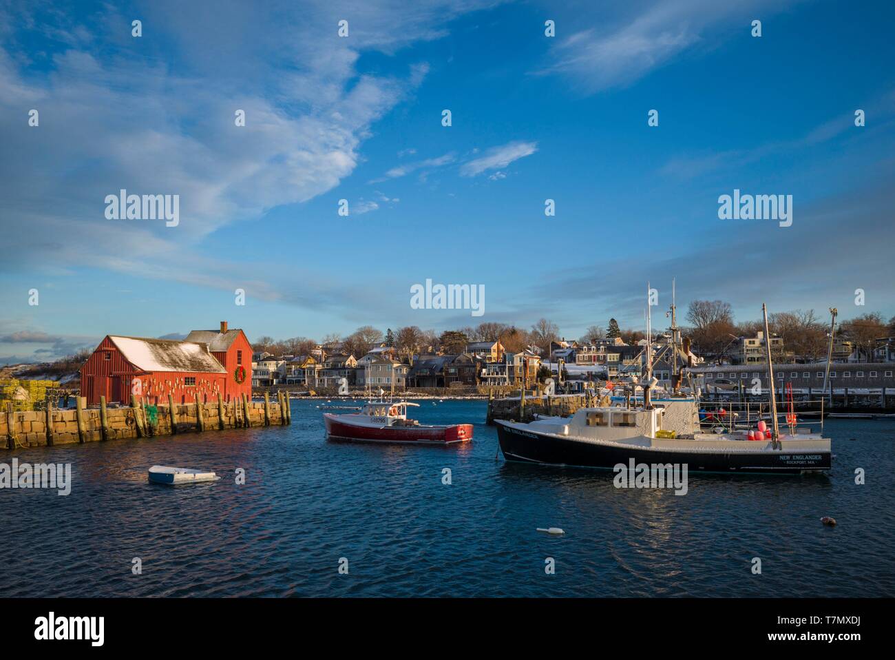 United States, New England, Cape Ann, Massachusetts, Rockport, Rockport Harbour und Motiv Nummer Eins, Winter, Sonnenuntergang Stockfoto