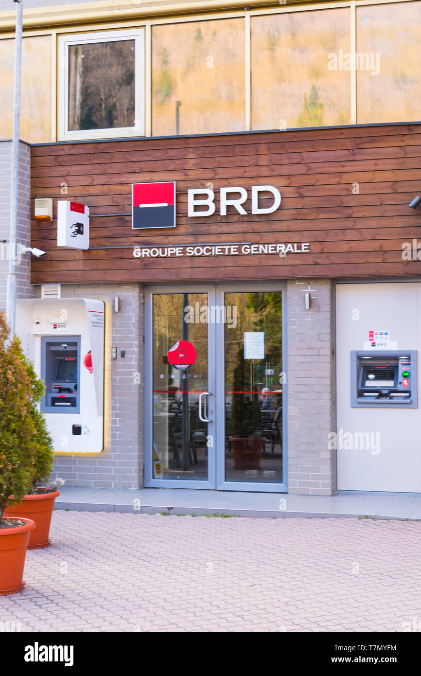 Sinaia, Rumänien - März 09, 2019: 'BRD'-Gruppe Societe Generale - Rumänische Bank Filiale Eingang und ATM in Sinaia, Prahova, Rumänien. Stockfoto
