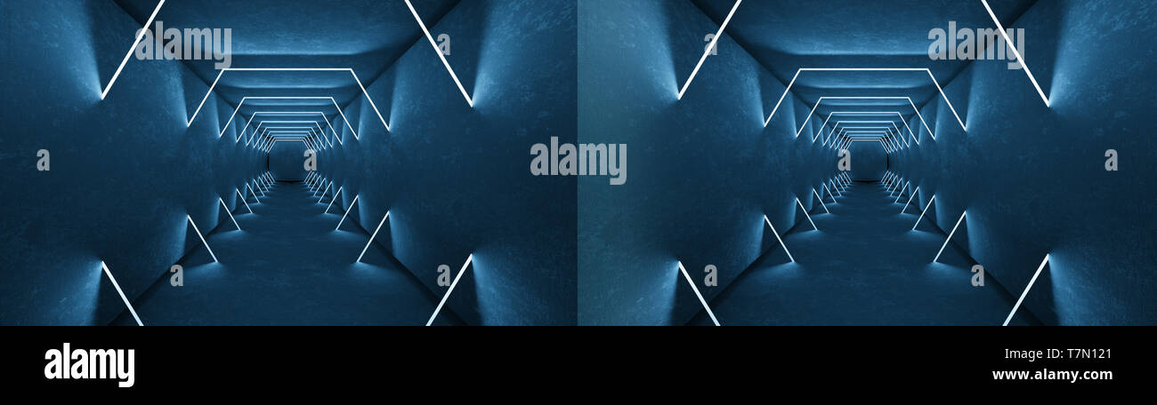 Night Club Deckenleuchte 3D-Render für Laser show. Leuchtende Linien. Abstrakte fluoreszierenden Hintergrund. Neon zimmer Flur Hintergrund. Licht abstrakt Stockfoto