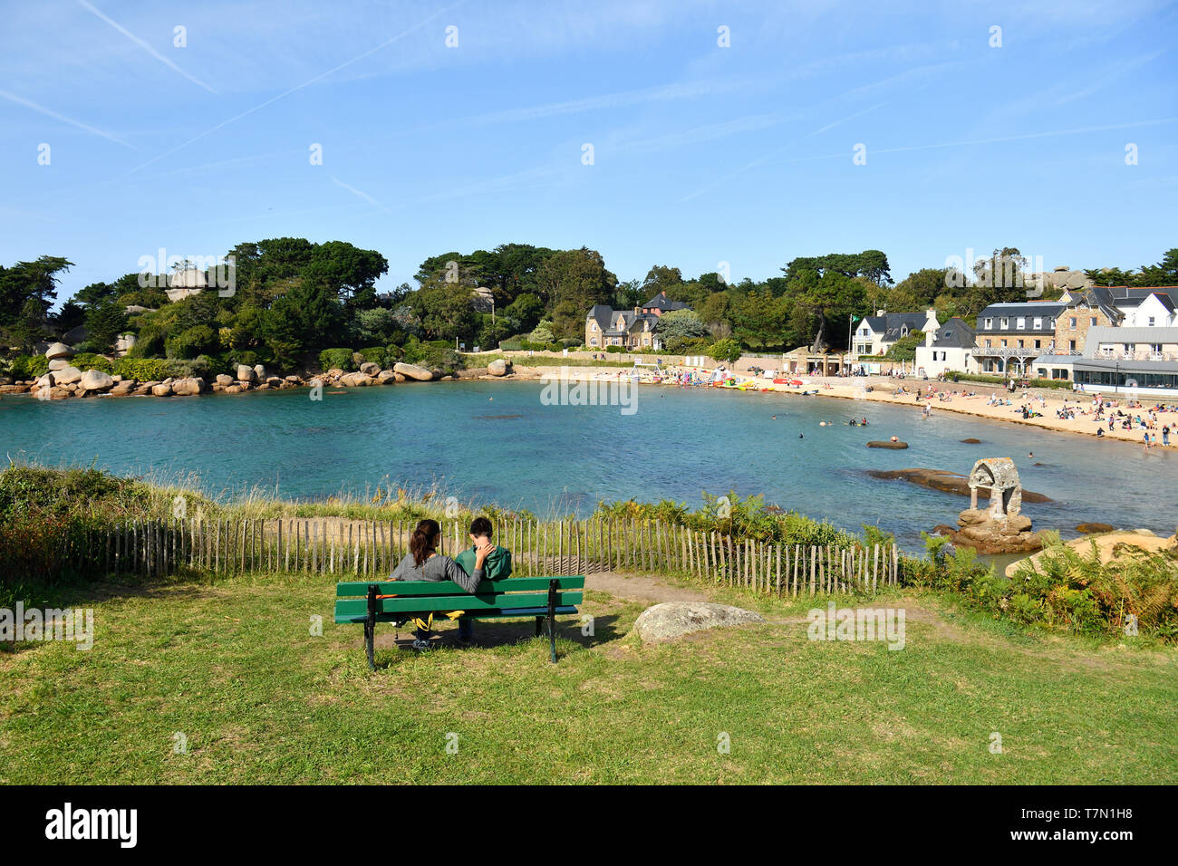 Frankreich, Cotes d'Armor, Perros Guirec, Ploumanac'h, rosa Granit Küste (Côte de Granit Rose), das Oratorium von St. Guirec auf der Saint Guirec Strand Stockfoto