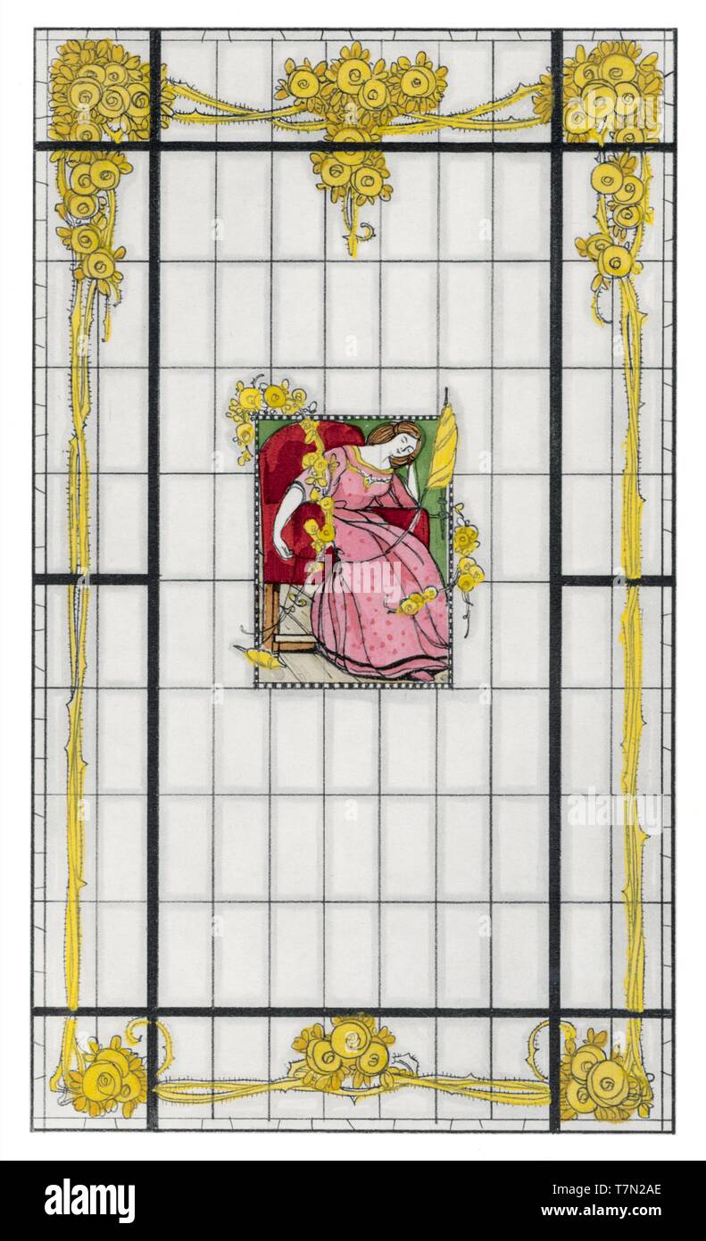 Glasmalerei, 2 Muster: Lady Spinner, Floral - Jugendstil Jahrgang Illustration von künstlerischen Glasmalerei 1911 Stockfoto