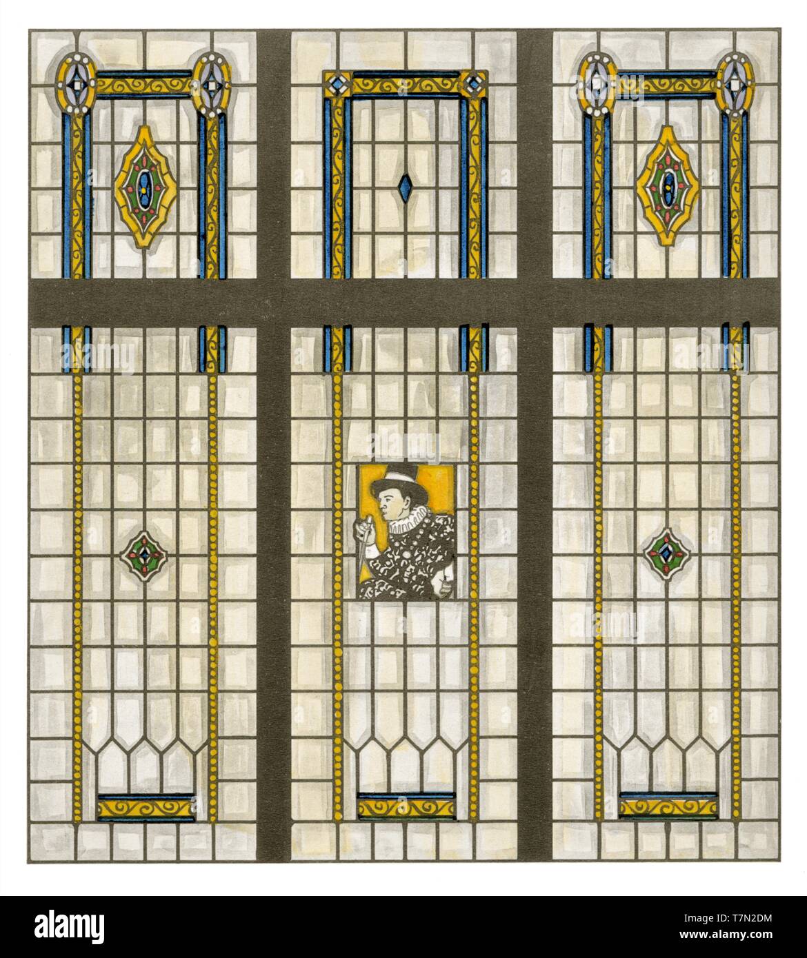 Glasmalerei, 4 Muster: alte Gentleman, abstrakt-Art Nouveau Jahrgang Illustration von künstlerischen Glasmalerei 1911 Stockfoto