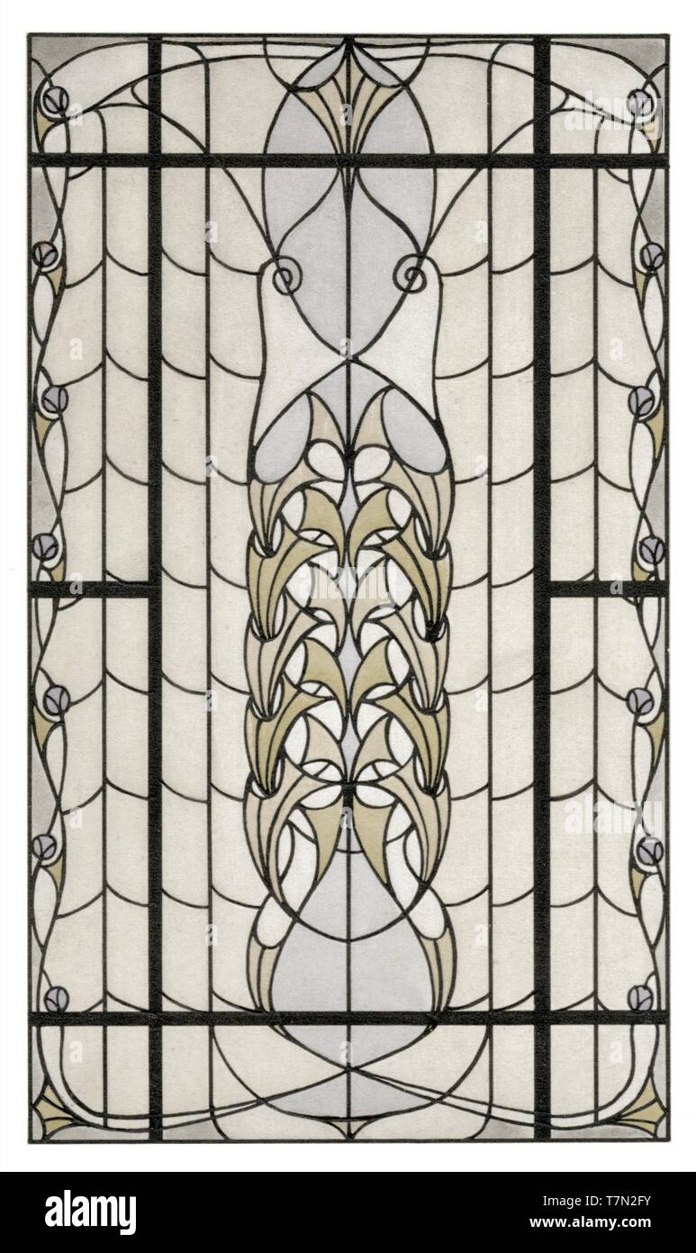 Glasmalerei, 2 Muster: Blumen, Abstrakte - Jugendstil Jahrgang Illustration von künstlerischen Glasmalerei 1911 Stockfoto