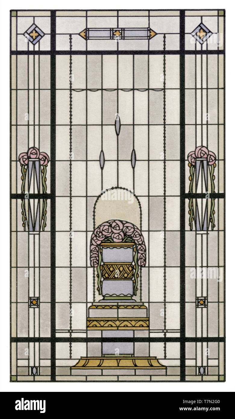 Glasmalerei, 3 Muster: Blumen, Abstrakte - Jugendstil Jahrgang Illustration von künstlerischen Glasmalerei 1911 Stockfoto