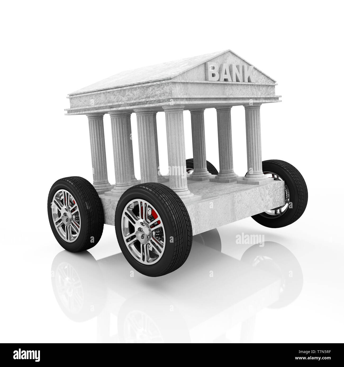 Bank Symbol auf Rädern isoliert auf weißem Hintergrund. Unternehmen finanzielle Konzept Stockfoto