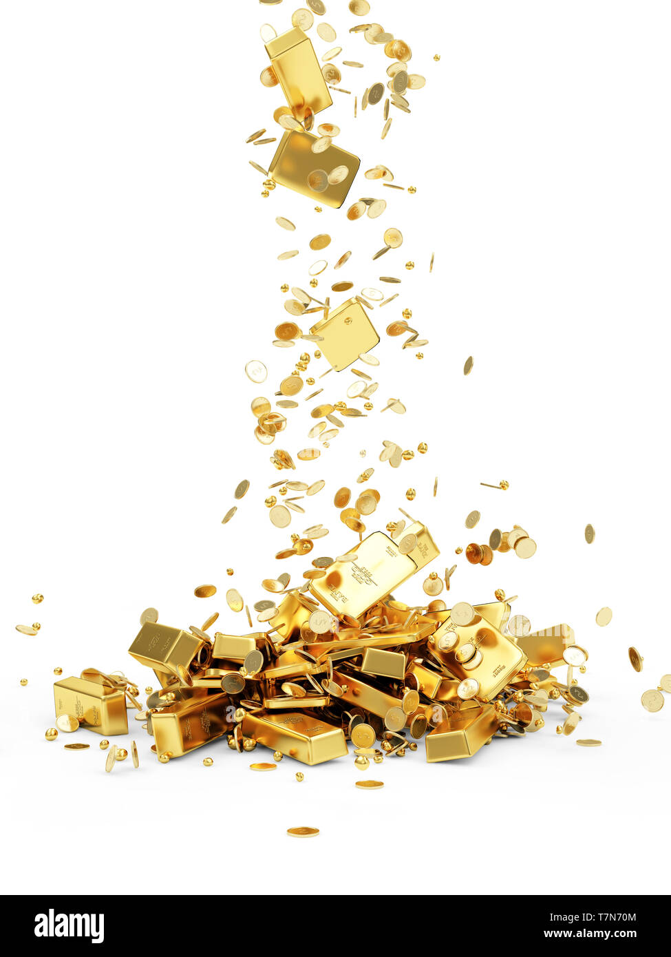 Der Schatz. Goldenen Barren, Münzen und Goldene Stücke isoliert auf weißem Hintergrund. Unternehmen finanzielle Konzept Stockfoto