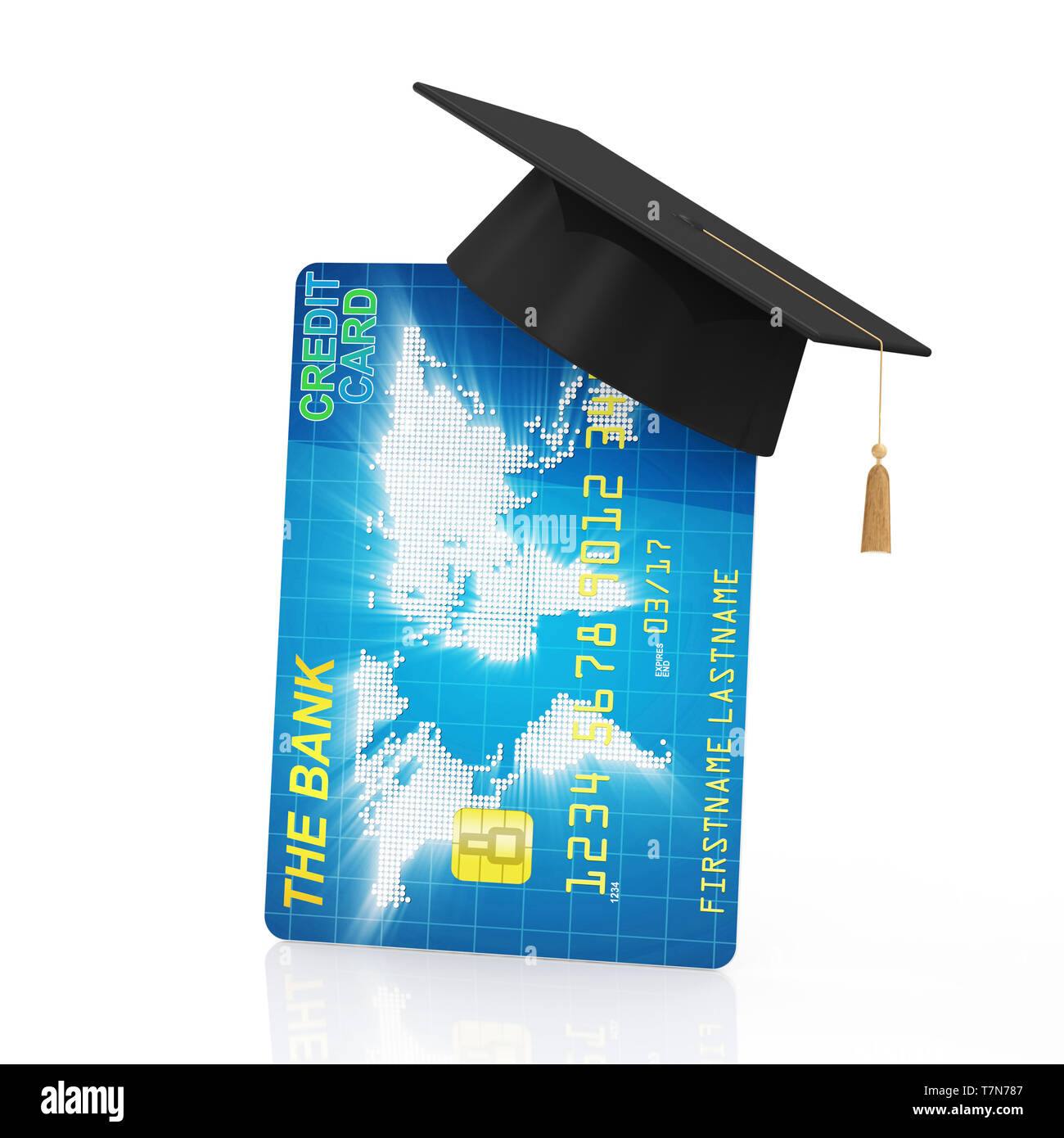 Kreditkarte mit Skalenhaube isoliert auf weißem Hintergrund. Bildung Konzept Stockfoto
