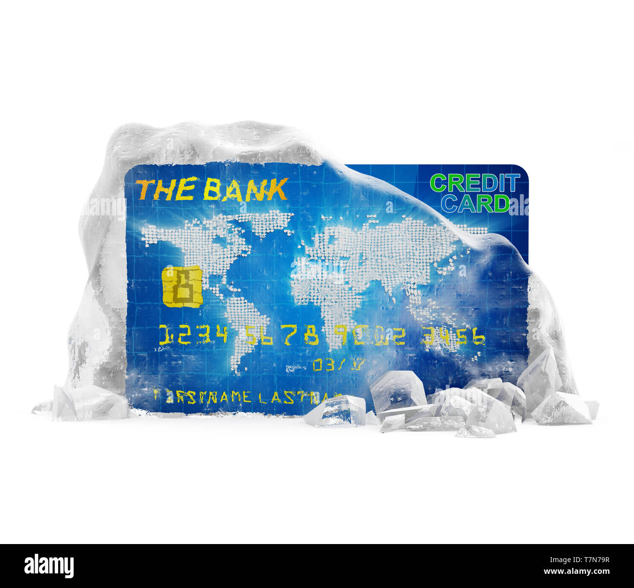 Gefrorene Bankkonto Konzept. Kreditkarte in gebrochenem Solid Ice Block isoliert auf weißem Hintergrund Stockfoto