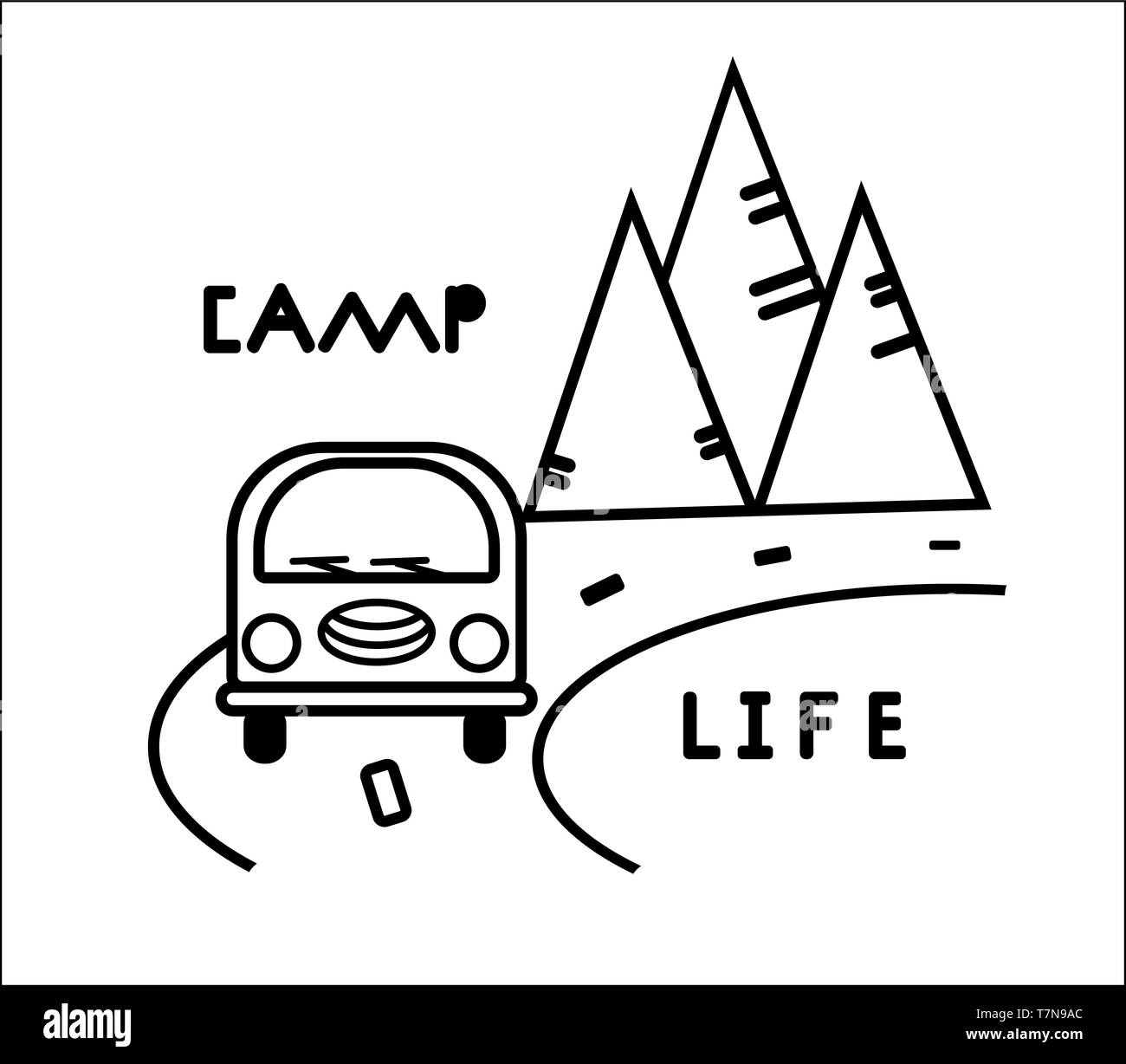 Bus, Straßen- und Berge. Stilisierte schwarze und weiße Konturen Abbildung. Vektor Konzept für Logo, t-shirt, Stempel. Karte drucken für Typografie. Aufkleber auf Stock Vektor